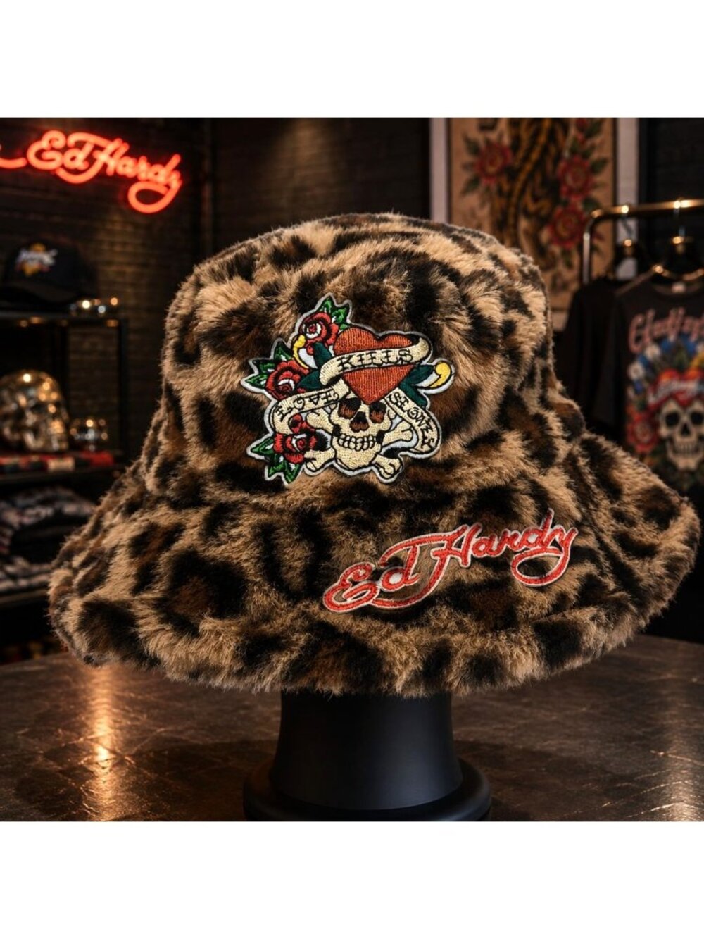 Ed Hardy Bucket Hat Leopard Animal Print Faux Fur Embroidered Skull Roses Patch